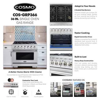 Cosmo 36 in. 4.5 cu. ft. Gas Range with 6-Burners in Stainless Steel with Rose Gold Custom Handle and Knob Kit COS-2PKG-173