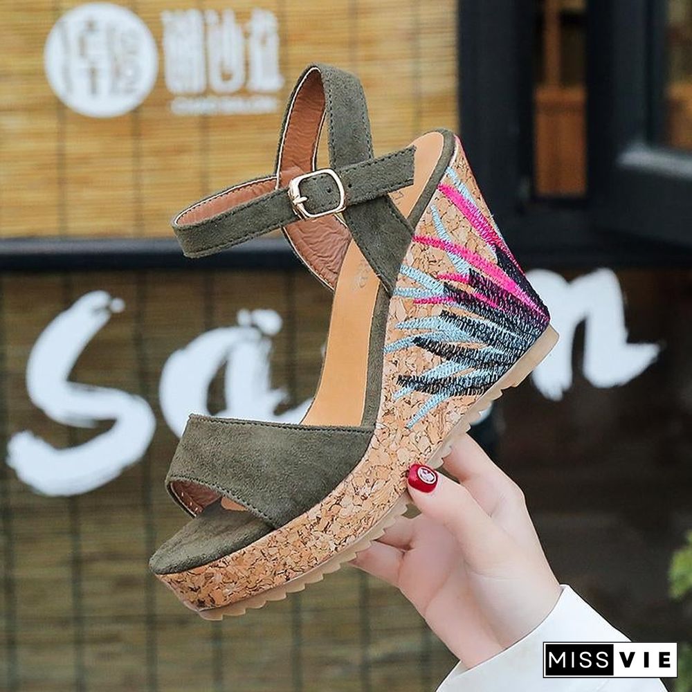 Women Graffiti Wedge Sandals PU Leather High Heels Suede Sandals Shoes