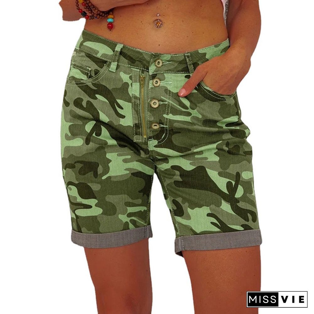 Women Summer Denim Shorts Button Zipper Camouflage Printing Slim Stretch Jeans Shorts