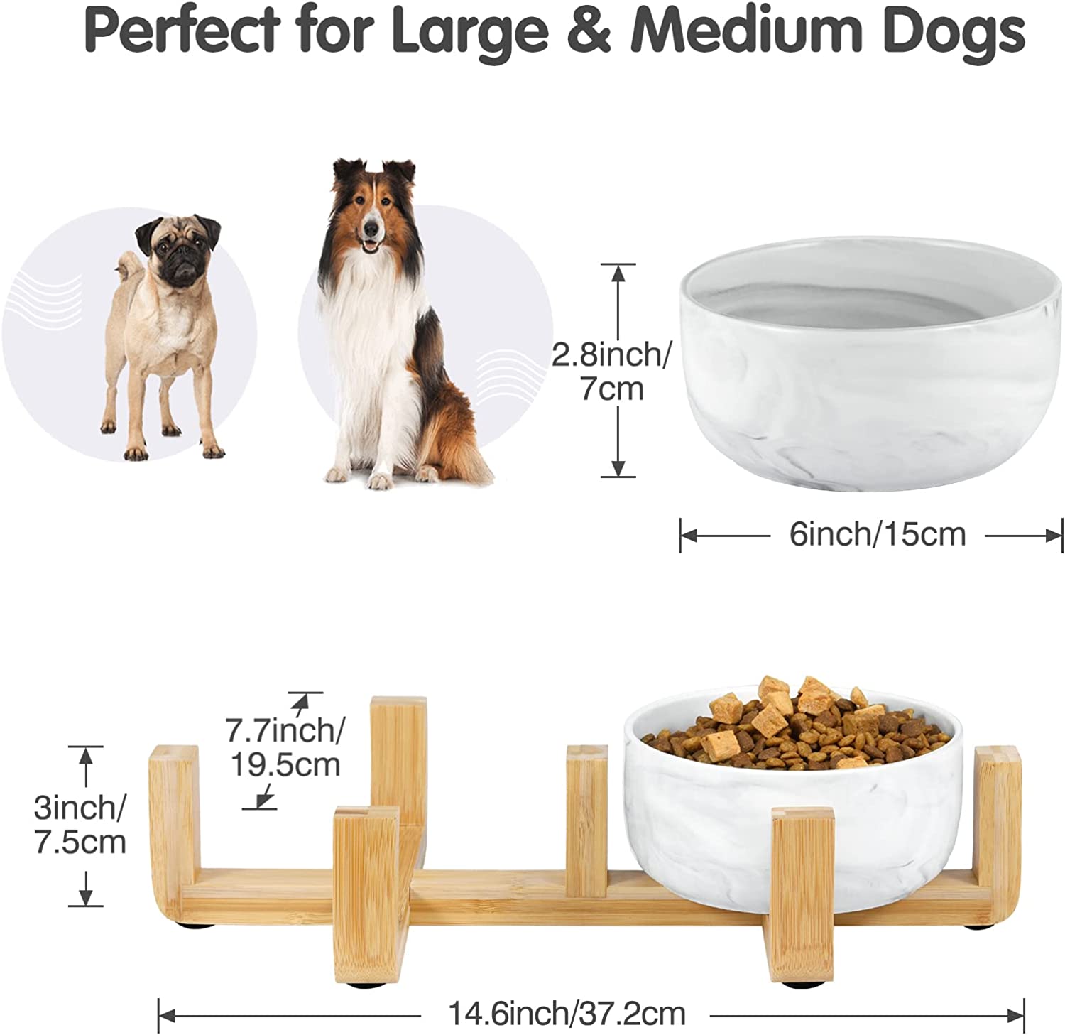 Pawaboo Ceramic Dog Bowls Cat Food and Water Bowls Set with Wooden Stand & Non-Slip Silicone Pad, Modern Cute Bowl Set for Small Size Dogs and Cats (15.2OZ ) & Medium Sized Dogs (28OZ), 6inch-Ink