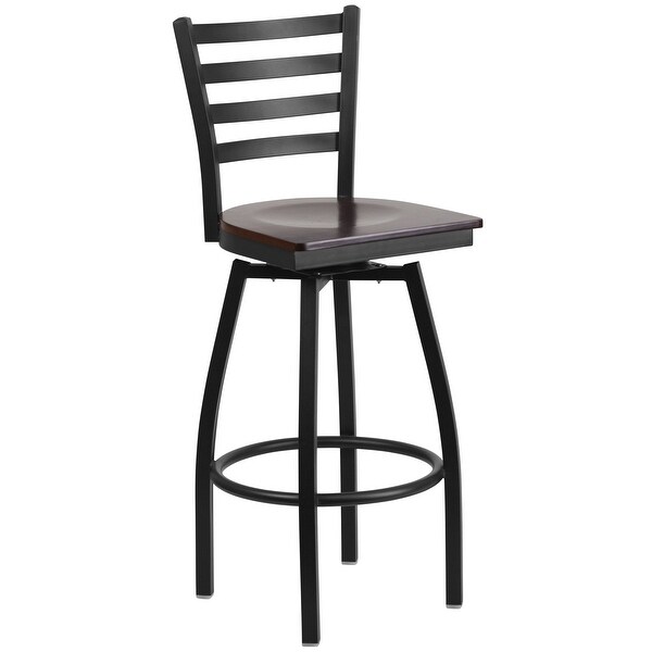 HERCULES Series Black Ladder Back Swivel Metal Barstool - Walnut Wood Seat