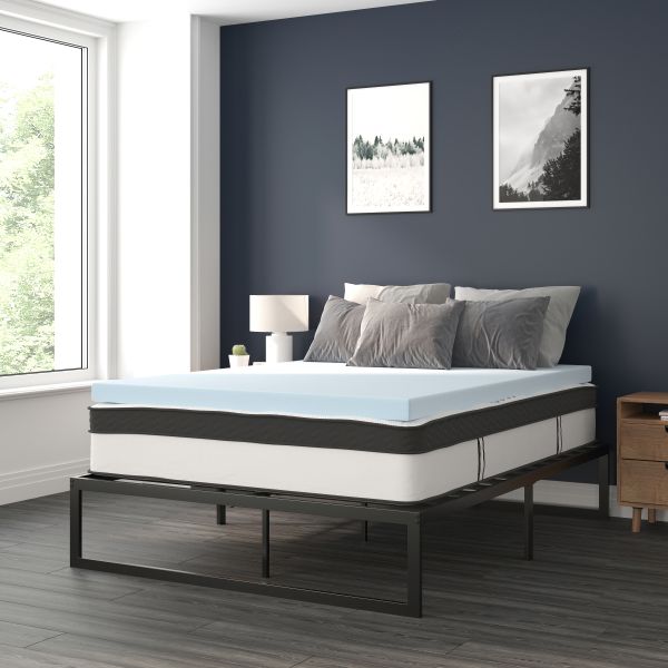 Leo 14 Inch Metal Platform Bed Frame with 12 Inch Pocket Spring Mattress in a Box and 3 inch Cool Gel Memory Foam Topper - Queen