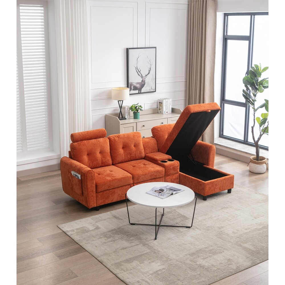 Retro 3 seat Recliner Storage Sofa Set L Shape Sectional Couch Set with Cup Holder and Side Pockets Accent Sofa for Living Room