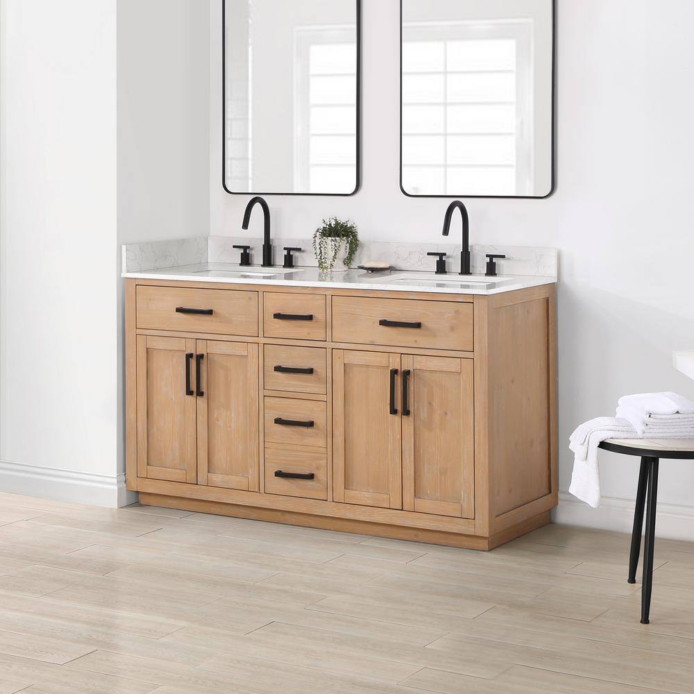 Altair Gavino 60 in. W x 22 in. D x 34 in. H Bath Vanity in Light Brown with Grain White Composite Stone Top 557060-LB-GW-NM