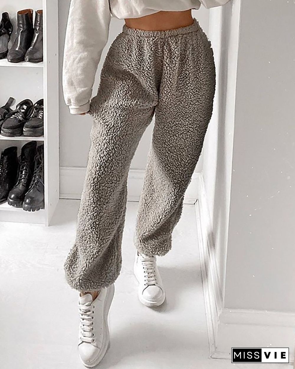 Solid High Waist Fluffy Casual Pants