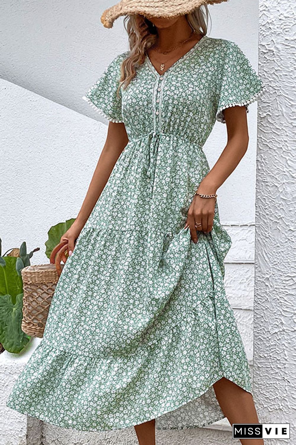 Green Flower Print Pom Pom Long Dress