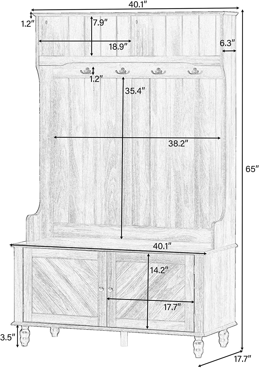 VIRUBI Hall Tree， Hallway Coat Rack with 4 Metal Hooks， Shelves and Storage Cabinet， Entryway Bench Coat Hanger for Livng Room Bedroom， White 65