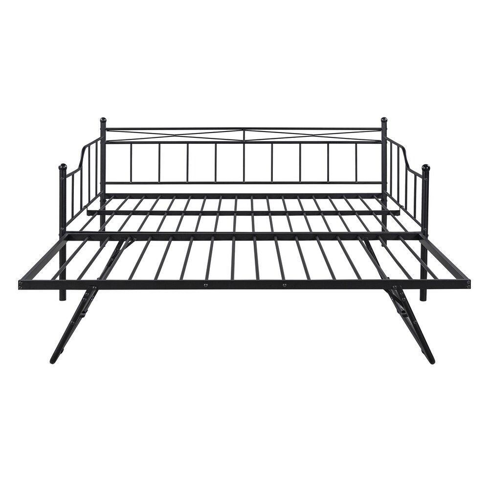 Full Size Metal Daybed with Twin Adjustable Trundle  Portable Folding