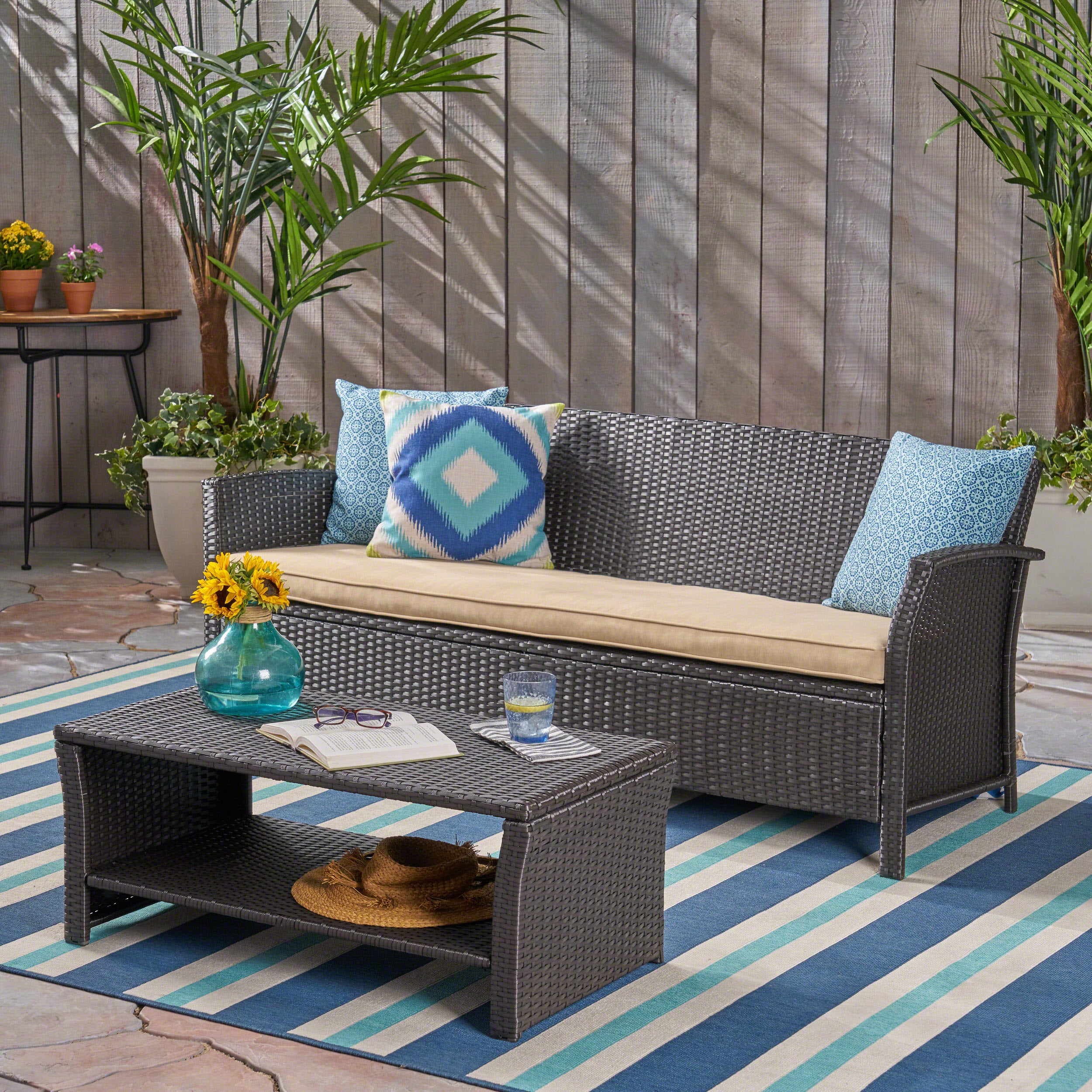 Laiah Outdoor Wicker 3-Seater Sofa with Coffee Table