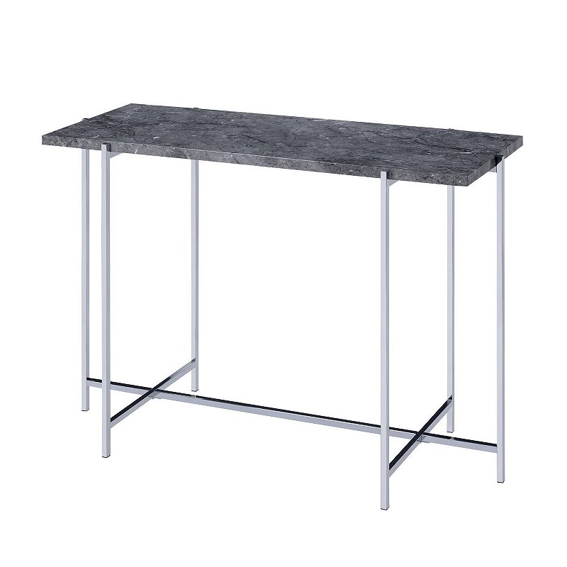 Contemporary Marble Top Sofa Table with Trestle Base ， Gray and Silver