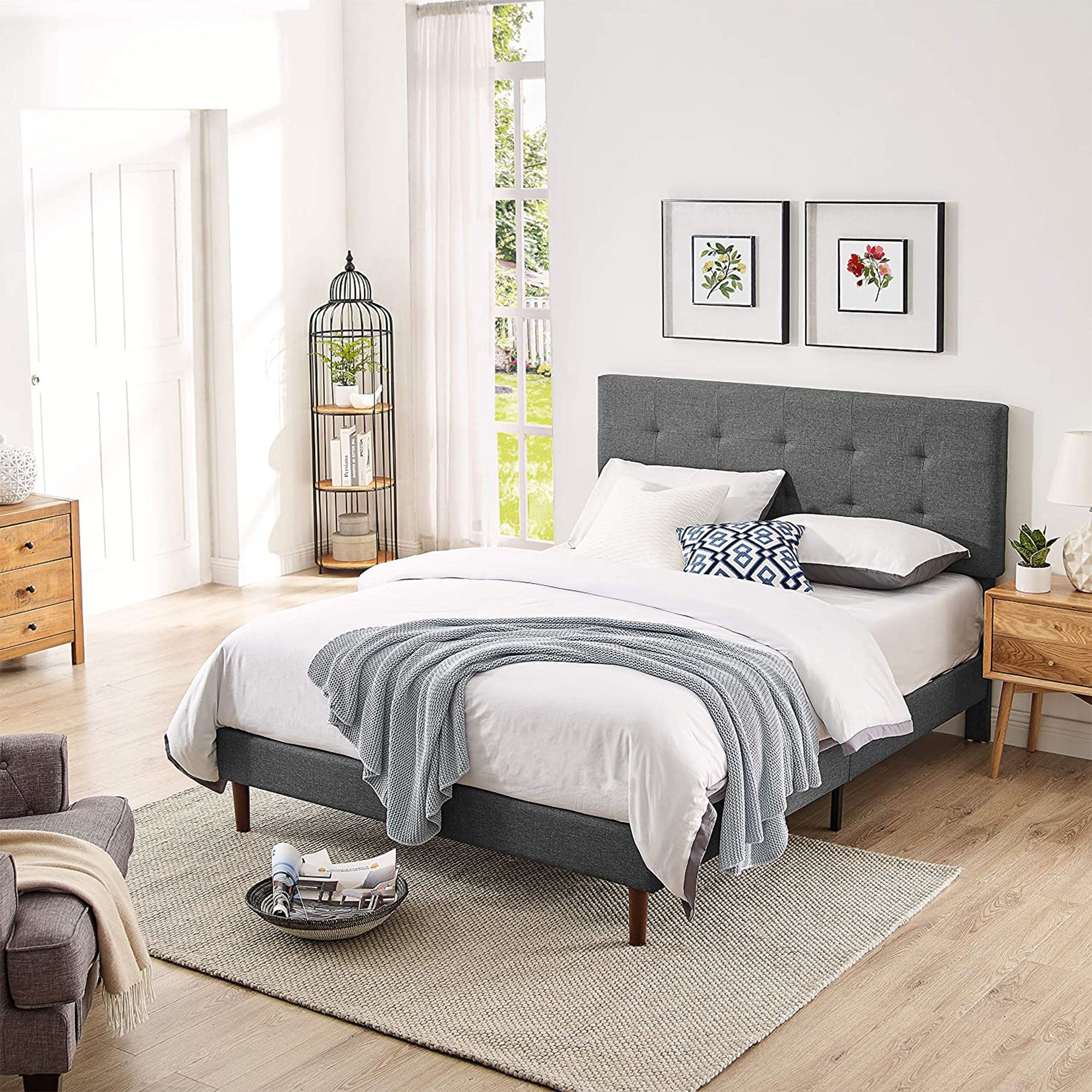 BIKAHOM Upholstered Platform Bed with Square Headboard, King, Dark Grey