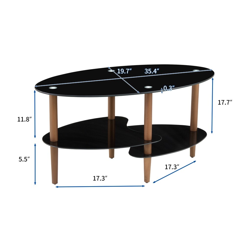 Oval glass coffee table  Transparent coffee table  modern table in living room with Oak wood legs  tea table