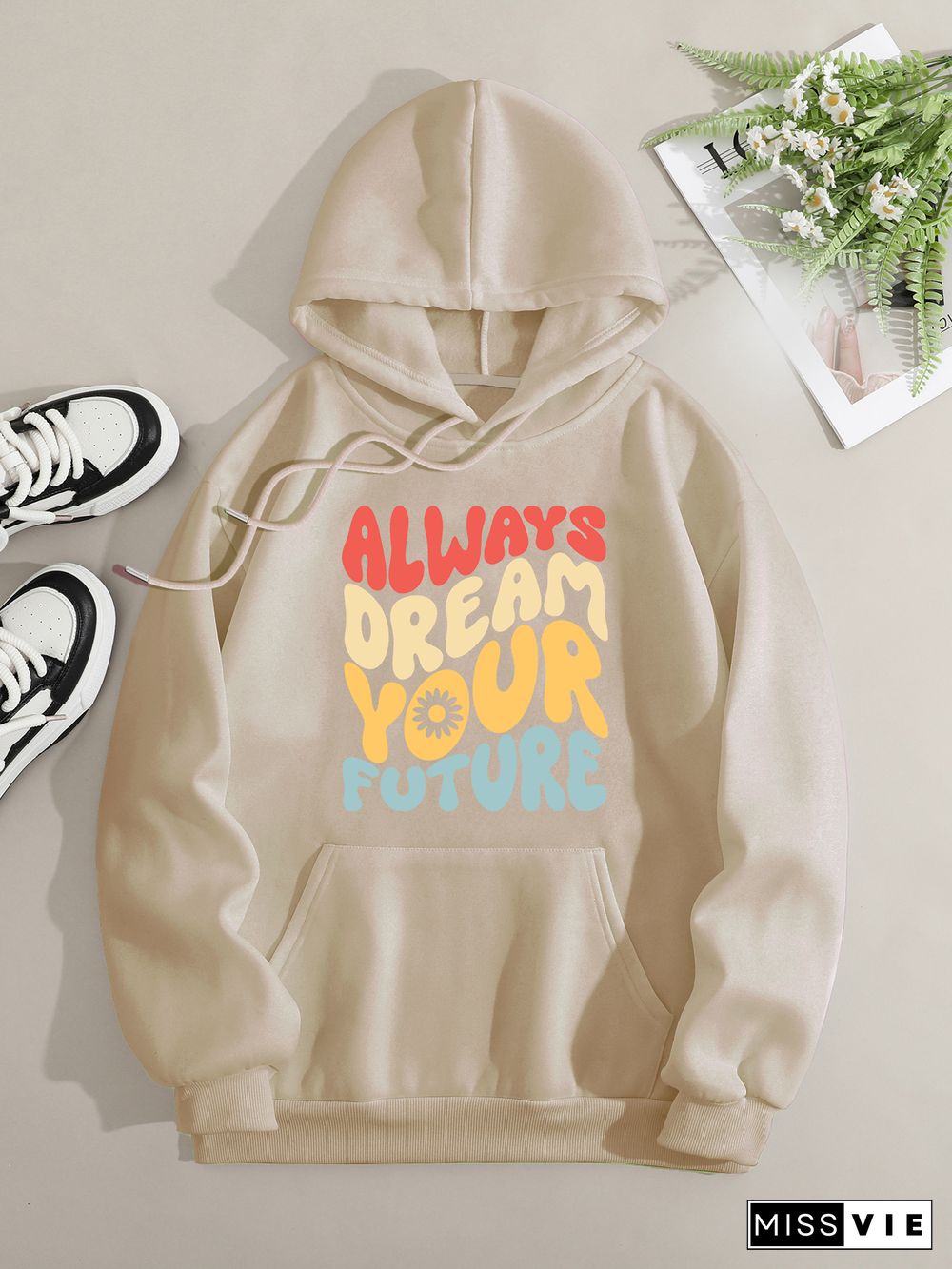 Printed on front Kangaroo Pocket Hoodie Long Sleeve for Women Pattern always dream your future