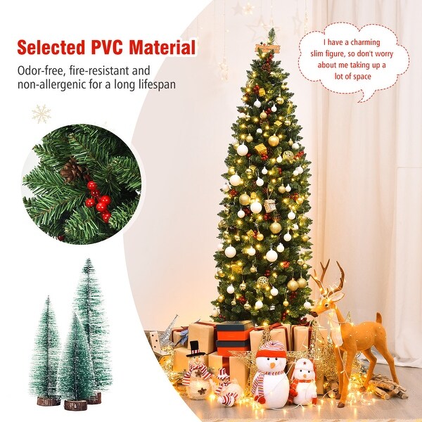 Gymax 6.5Ft PreLit Pencil Christmas Tree Hinged Artificial Slim Tree