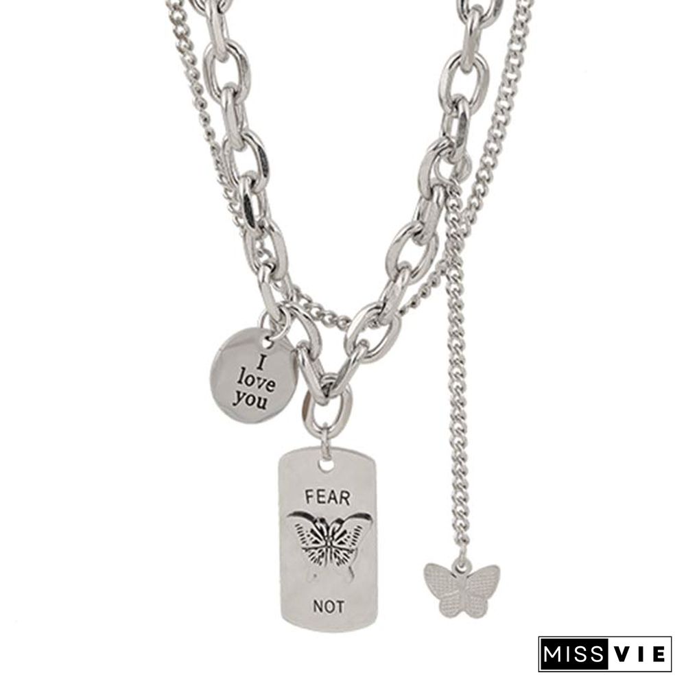 Butterfly Chain Titanium Steel Layered Pendant Necklace