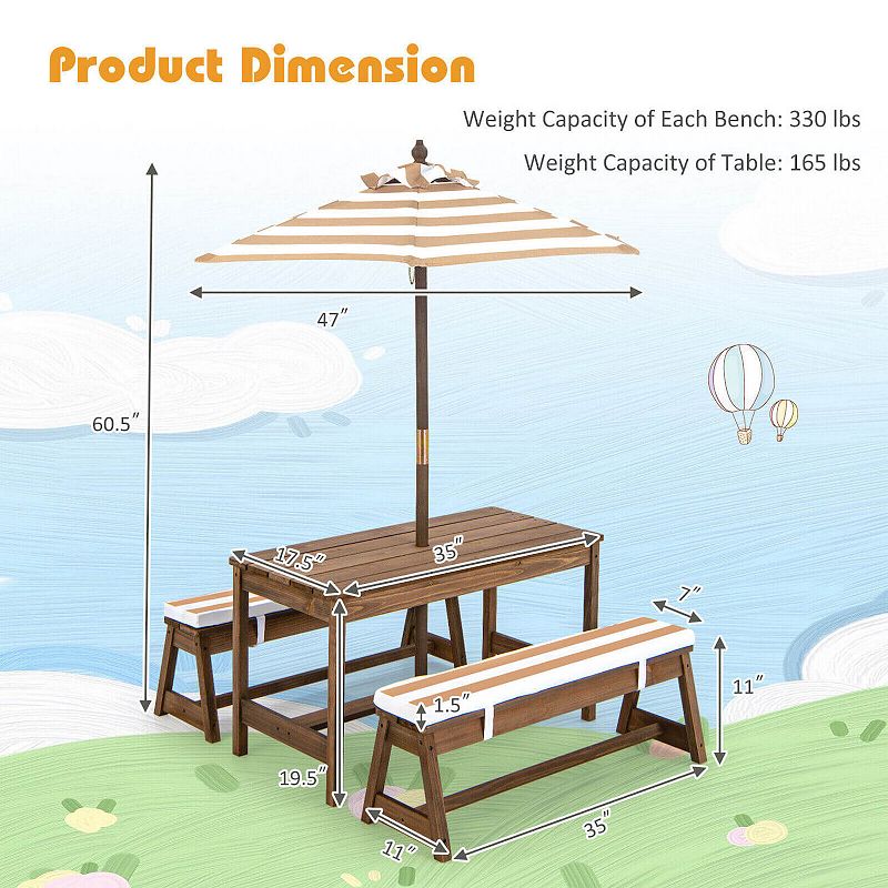 Kids Picnic Table and Bench Set with Cushions and Height Adjustable Umbrella