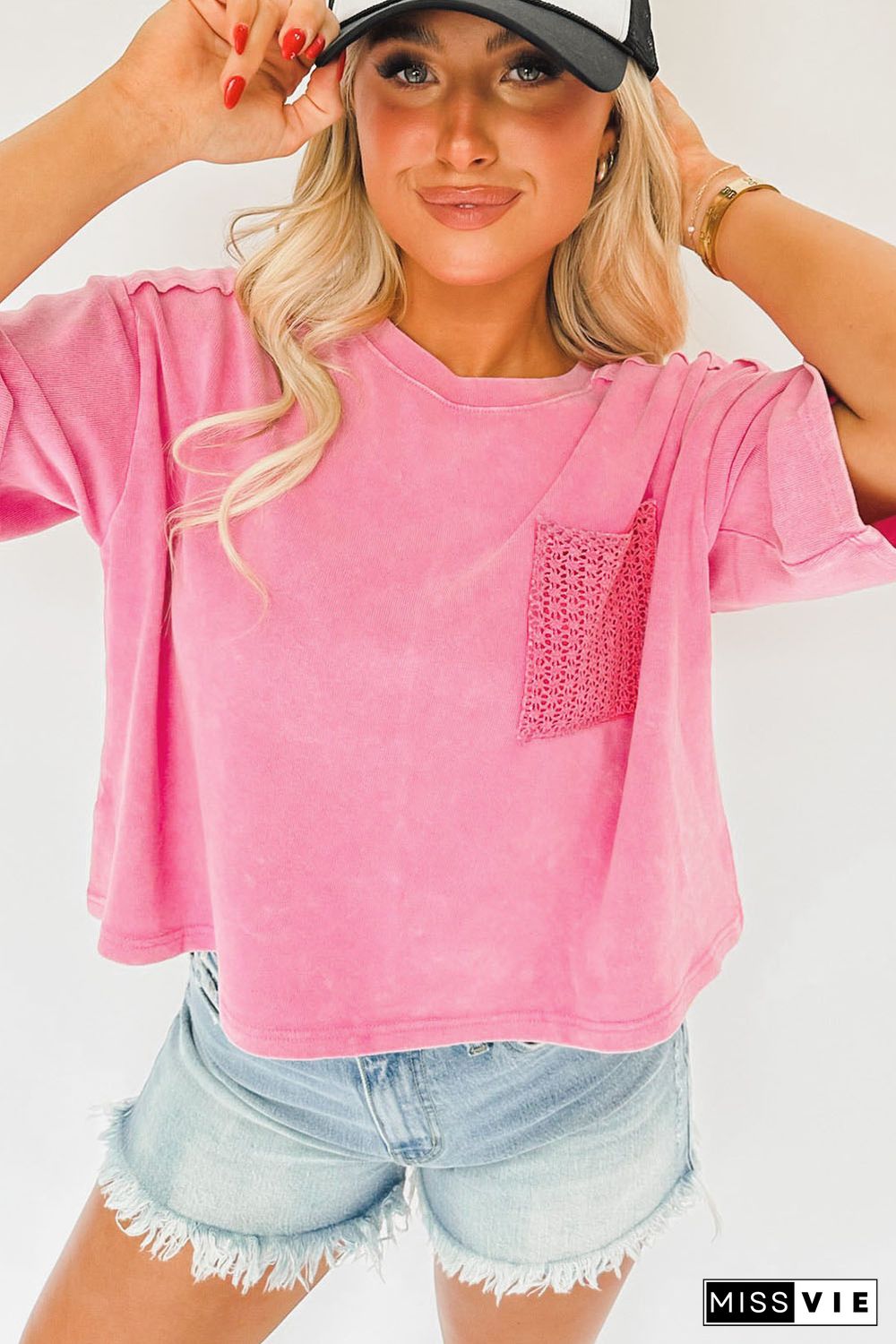 Pink Acid Wash Lace Patch Pocket T-Shirt