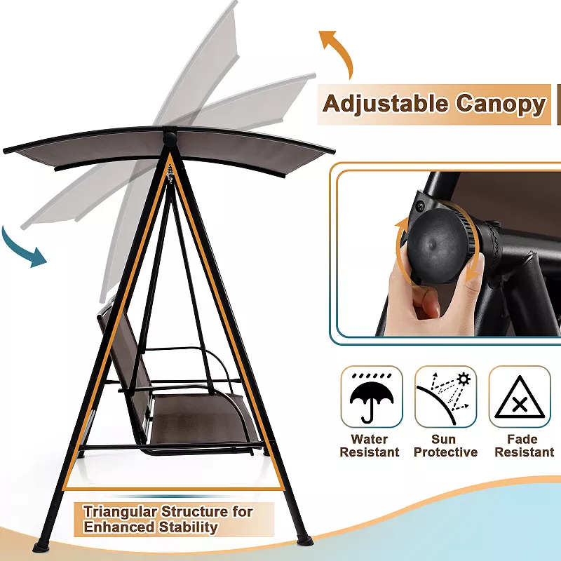 2-Seat Outdoor Canopy Swing with Comfortable Fabric Seat and Heavy-duty Metal Frame