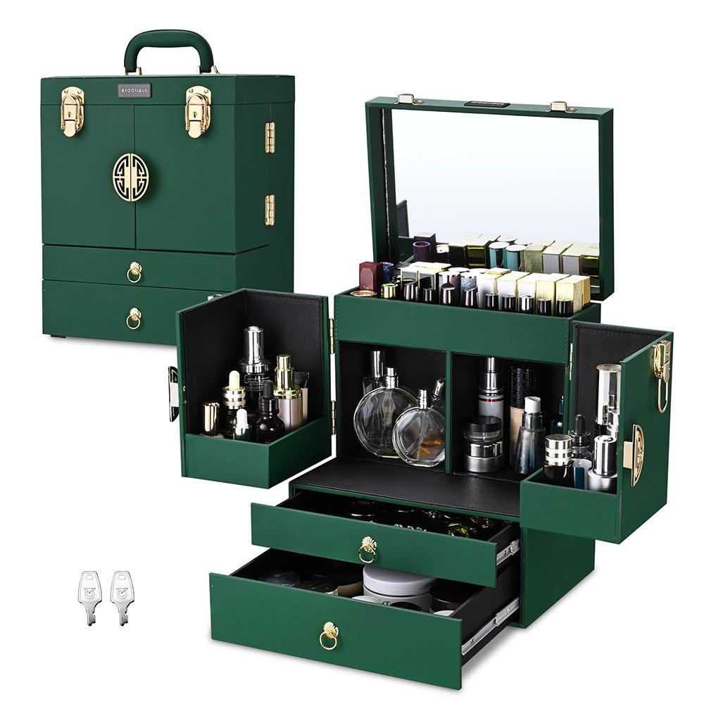 Byootique Makeup Case with Mirror Drawers Forest Green