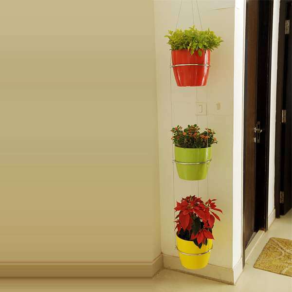 9.1 inch (23 cm) Ronda No. 2320 Round Plastic Planters with 3 Tier Hanging Kit (Red, Green, Yellow)