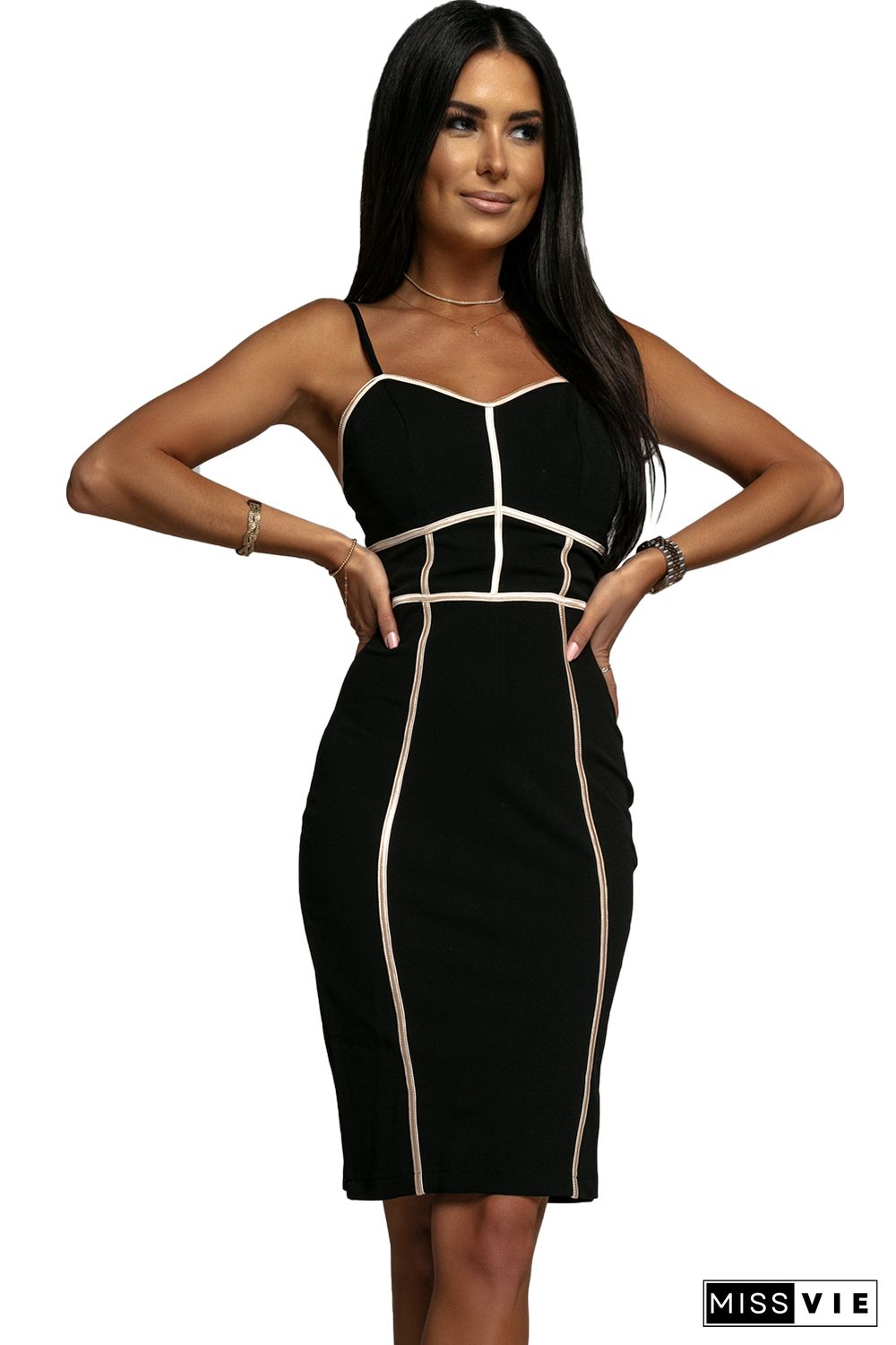 Black Color Block Spaghetti Straps Bodycon Dress