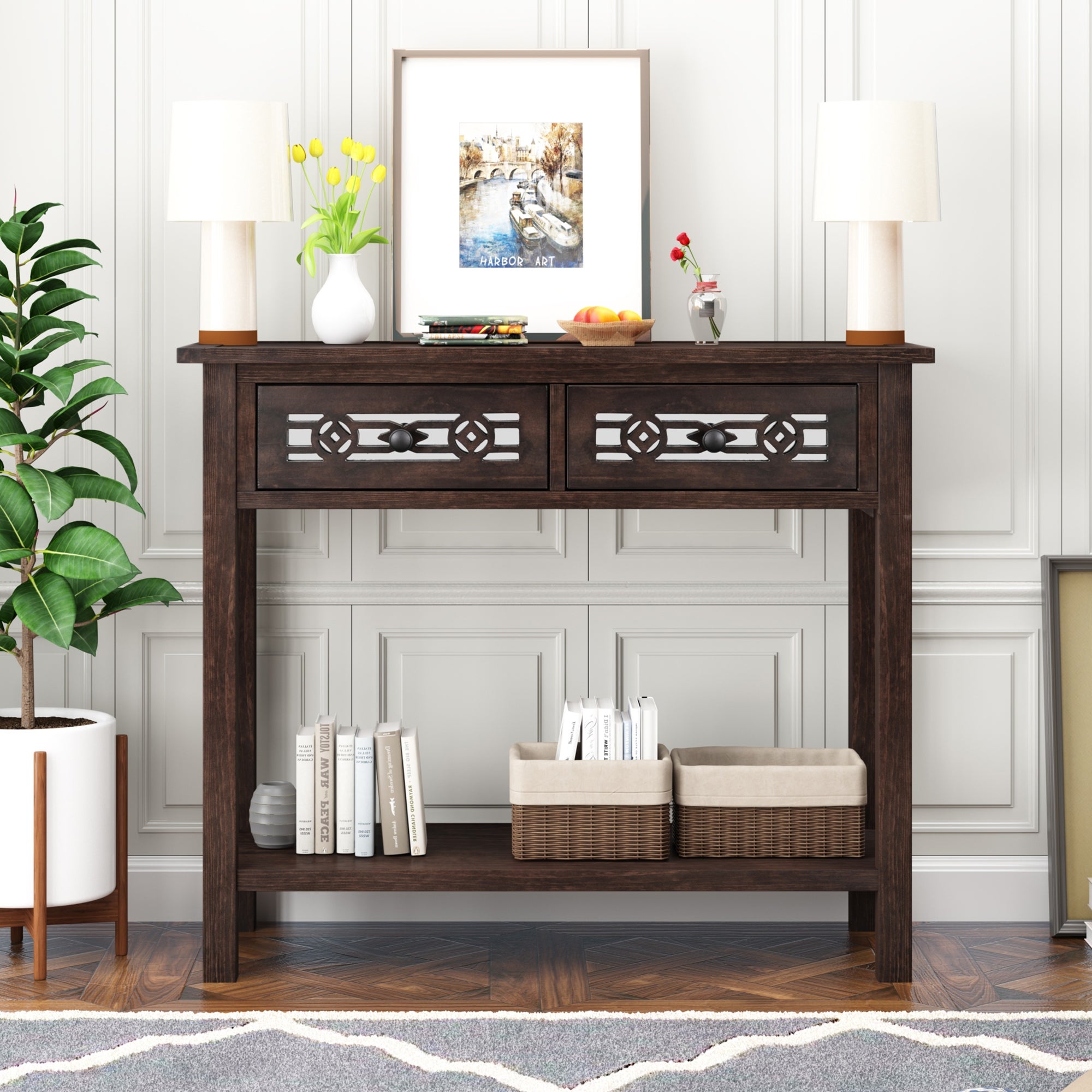 Retro Console Table with Two Top Drawers and Open Shelf