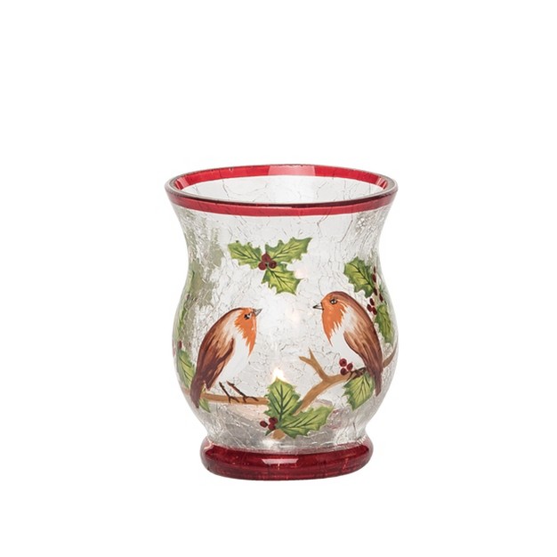 Transpac Glass 3 54 In Multicolored Christmas Light Up Crackle Mistletoe Candle Holder Hurricane