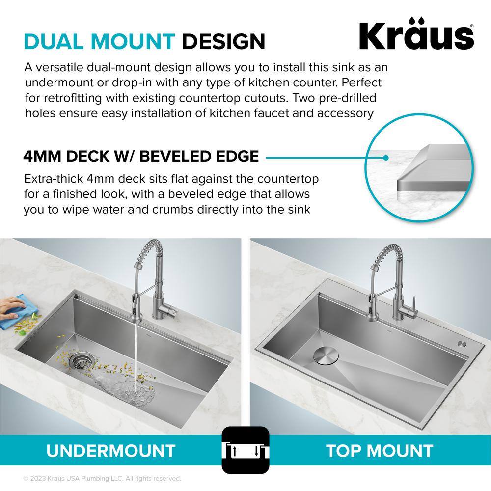 KRAUS Loften 33 in. Drop-inUndermount Double Bowl Stainless Steel Kitchen Workstation Sink with Accessories KWT302-3318