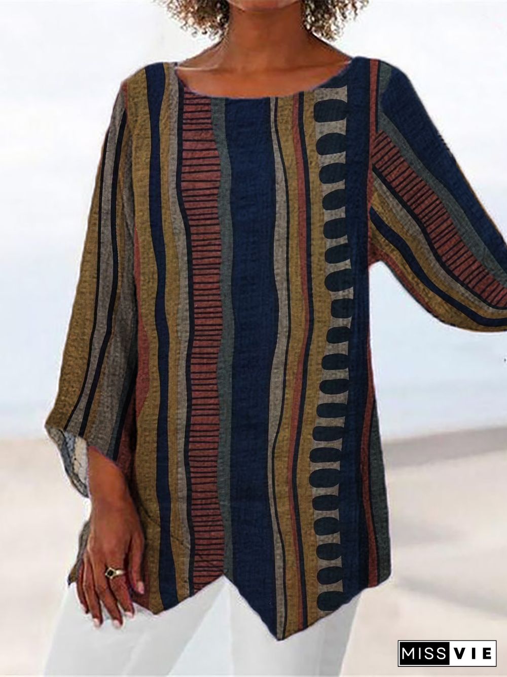 Plus size Casual Vintage Striped Tops