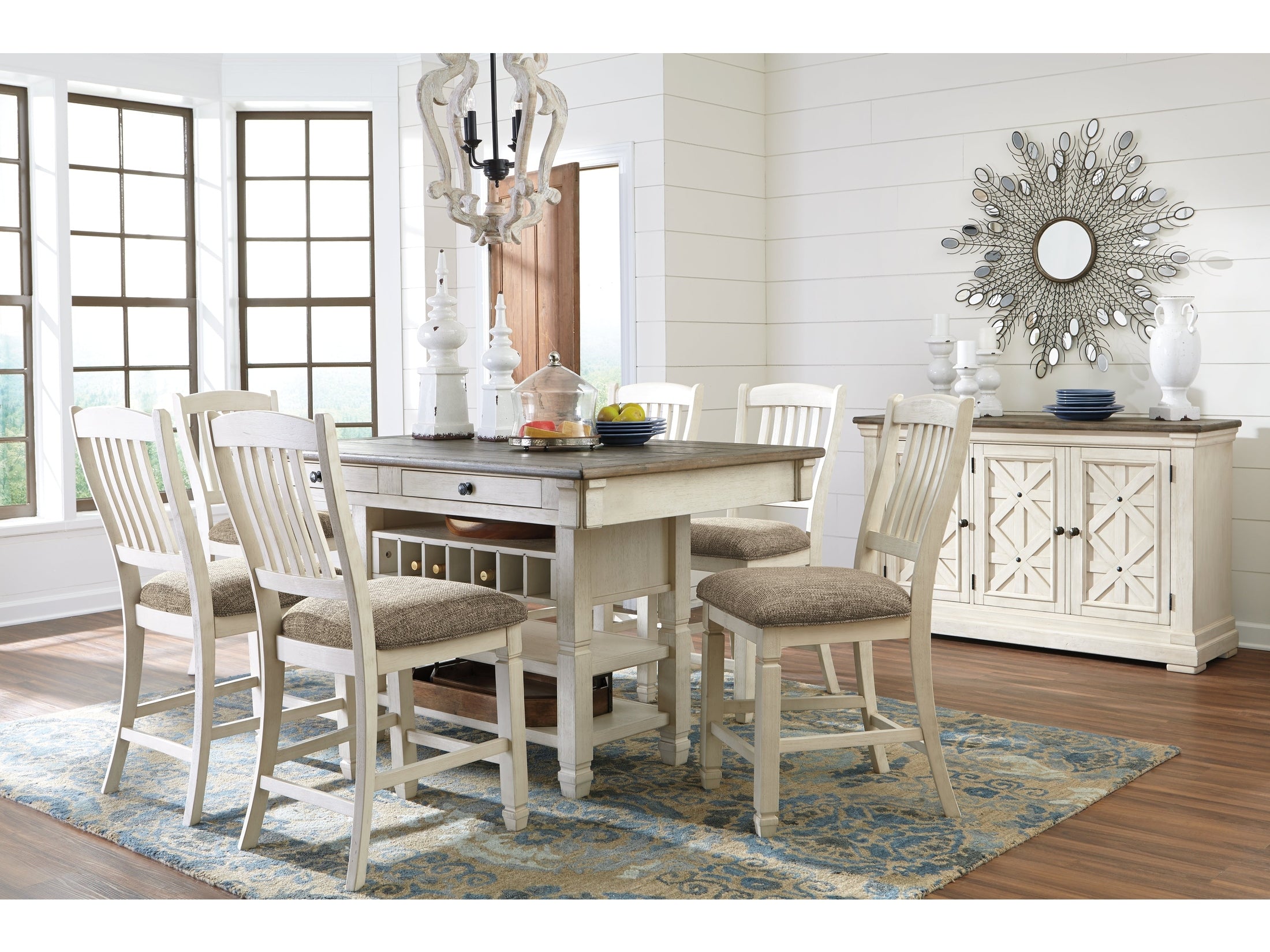 (Online Special Price) Bolanburg Two-tone Counter Height Dining Table and 6 Barstools with Server