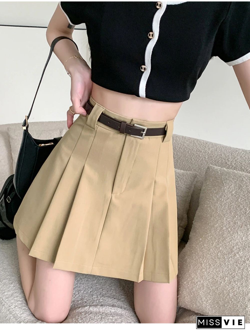 Retro High Waist A-line Pleated Skirt With Belt Summer New Preppy Style Mini Skirt Women Black Y2k Short Pant Skirt