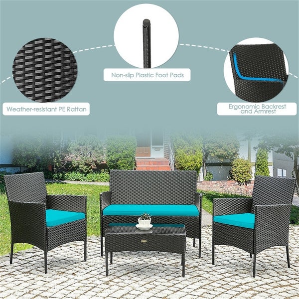 4 Pieces Patio Rattan Cushioned Sofa Set with Tempered Glass Table - Overstock - 37909379