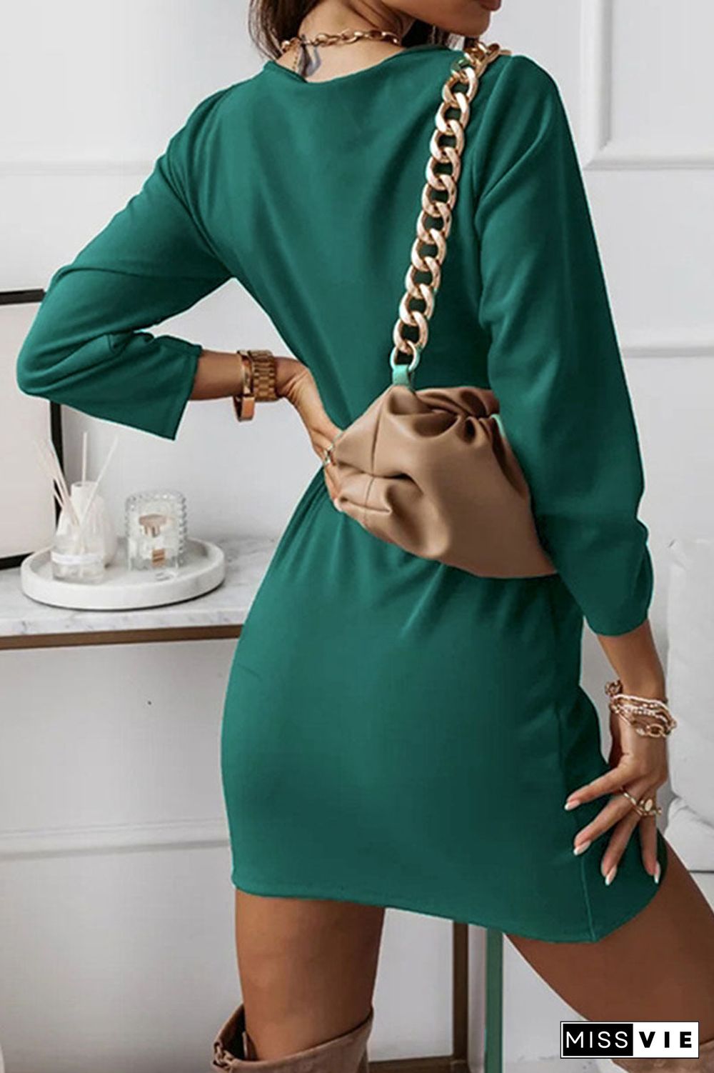 Fashion Elegant Solid Split Joint Fold V Neck Pencil Skirt Dresses(4 Colors)