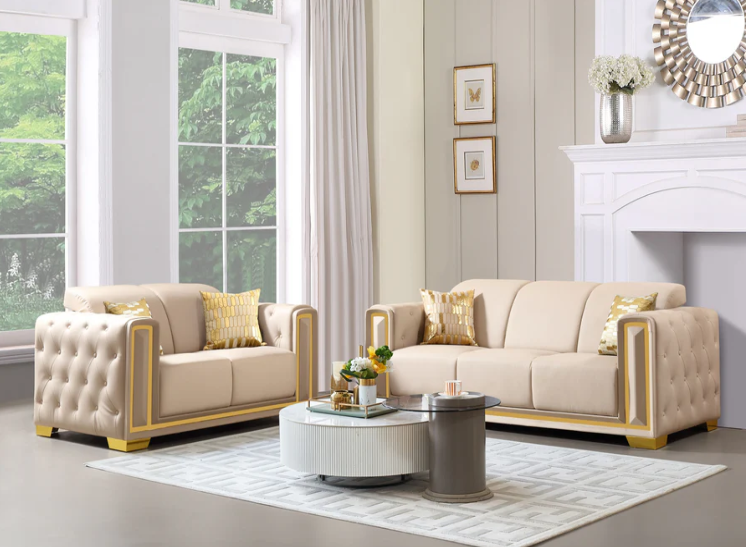 2 Pcs Glam Sofas Beige or Grey with Gold Trim