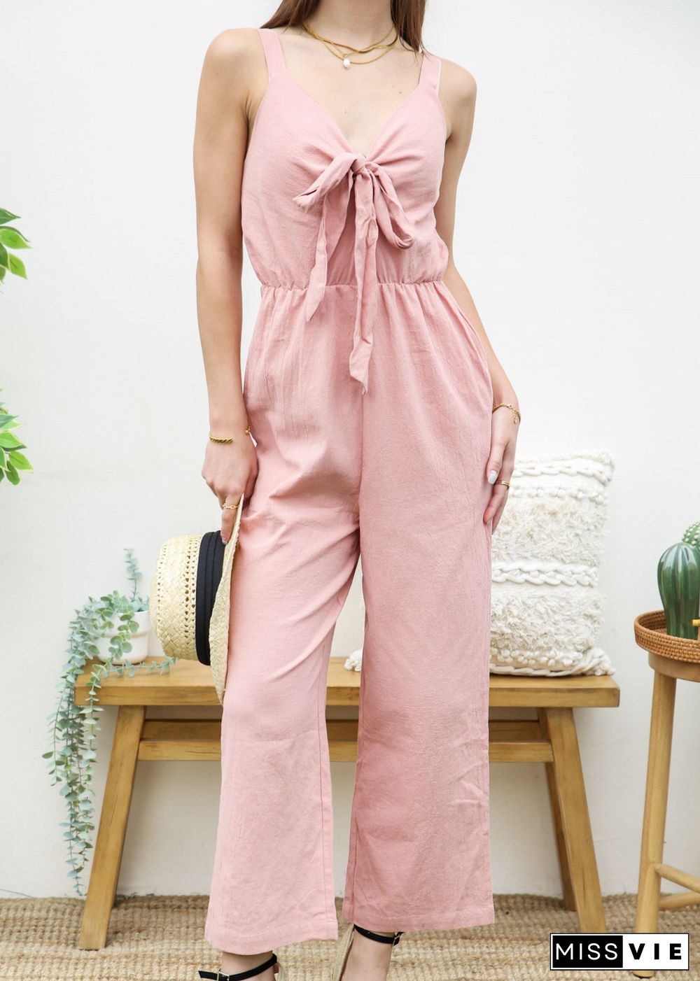 Solid Color Tie Front Jumpsuit