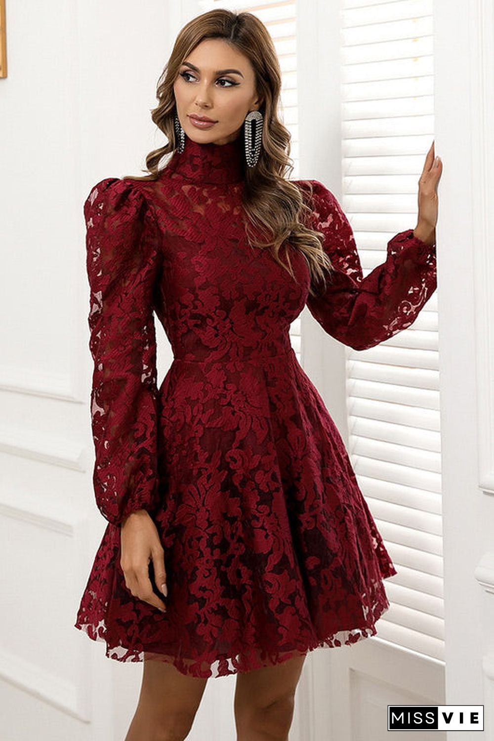 Short Lace Long Sleeve A-Line Party Dress