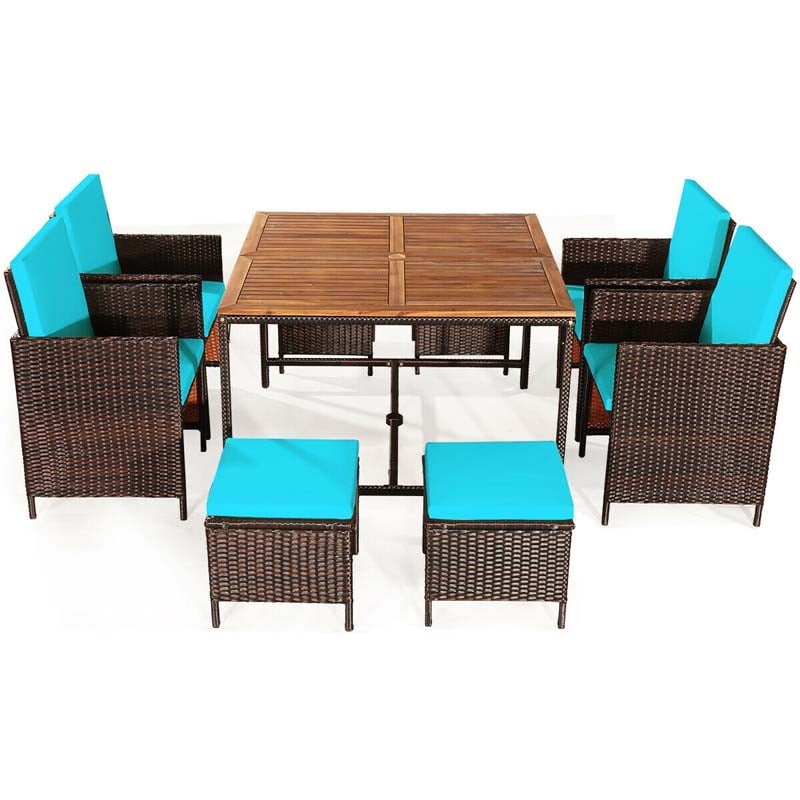 9 Pcs Rattan Wicker Outdoor Patio Dining Set with Acacia Wood Dining table, 4 Ottomans, 4 Cushioned Armchairs