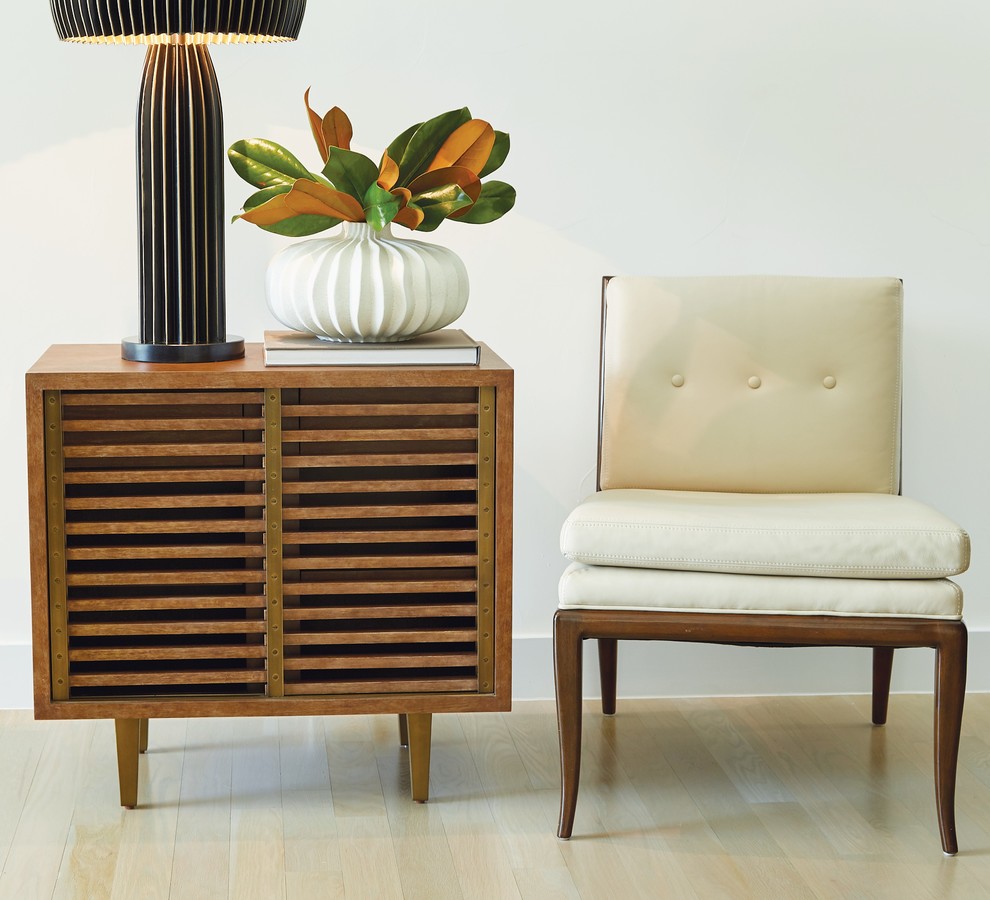 MidCentury Slat Front Sliding Door Accent Chest Modern Table Wood Vintage Style   Midcentury   Accent Chests And Cabinets   by My Swanky Home  Houzz