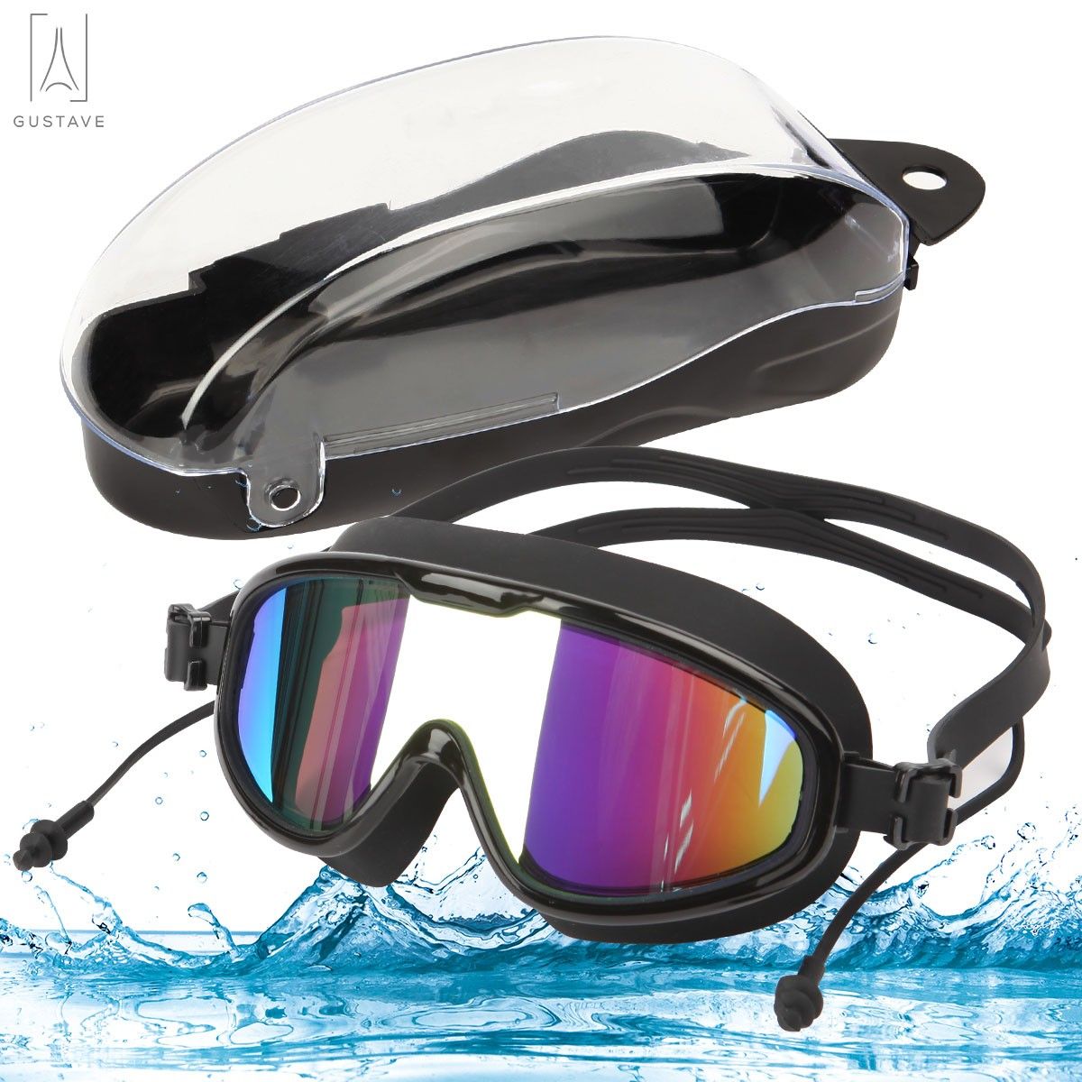 Gustavedesign Swimming Goggles Anti-UV Anti-Fog No Leaking Goggle Mirror Clear Swim Glasses for Adult Men Women Youth with Free Protection Case (Black)