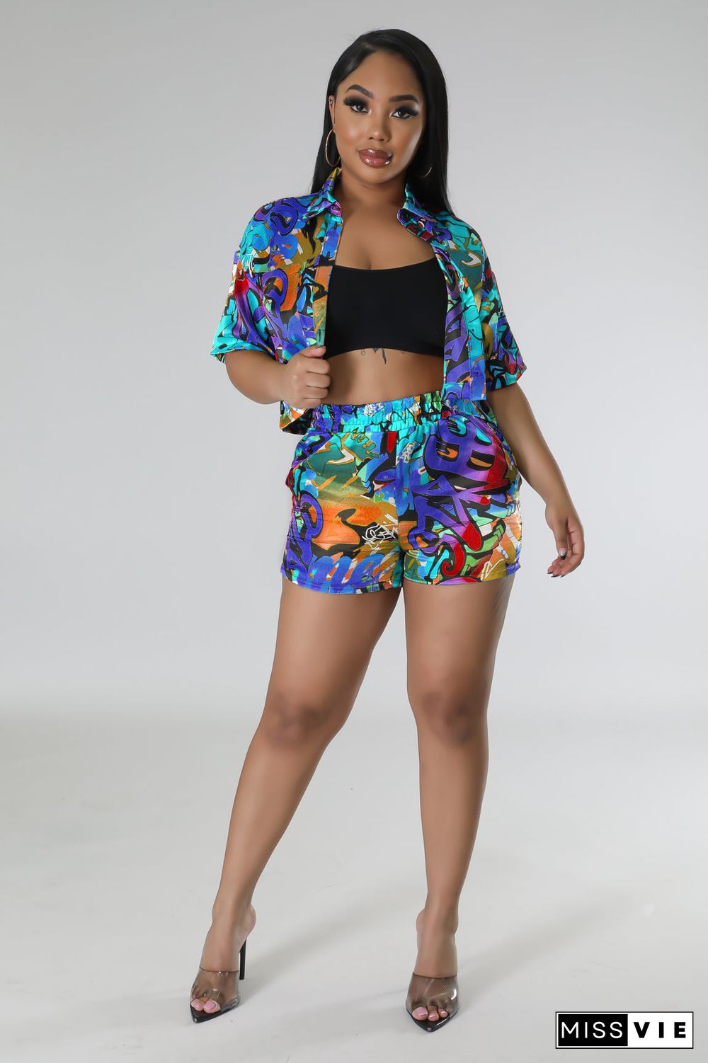 Abstract Printing Short Sleeve Shirts and Shorts Set