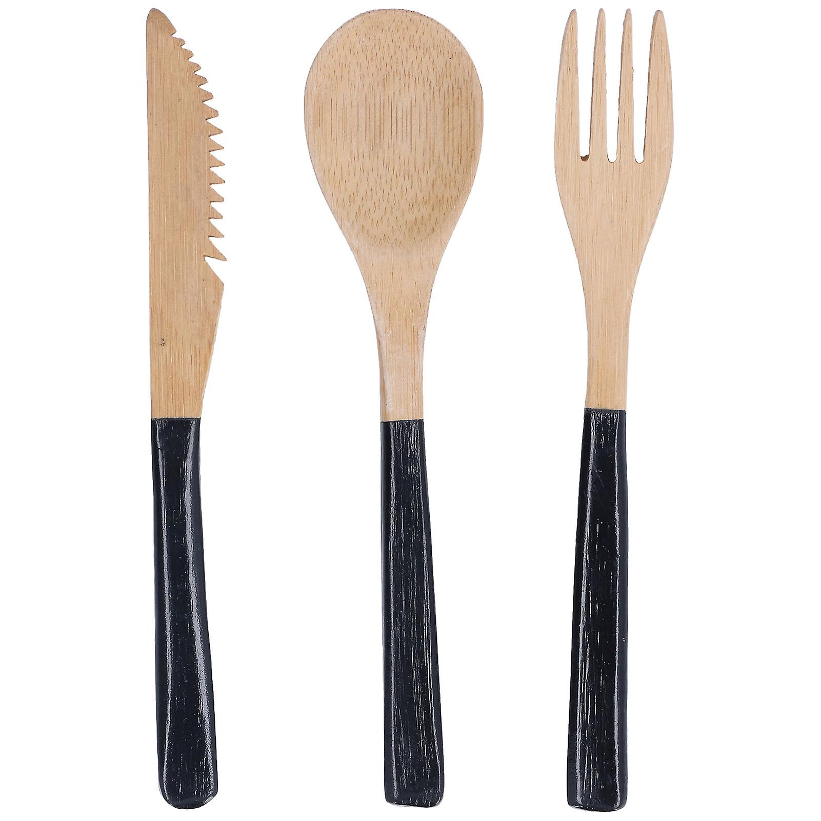 3pcs Japanese Wooden Cutlery Set Safe Bpa Free Wooden Cutlery Spoons Forks Knives For Kitchenblack