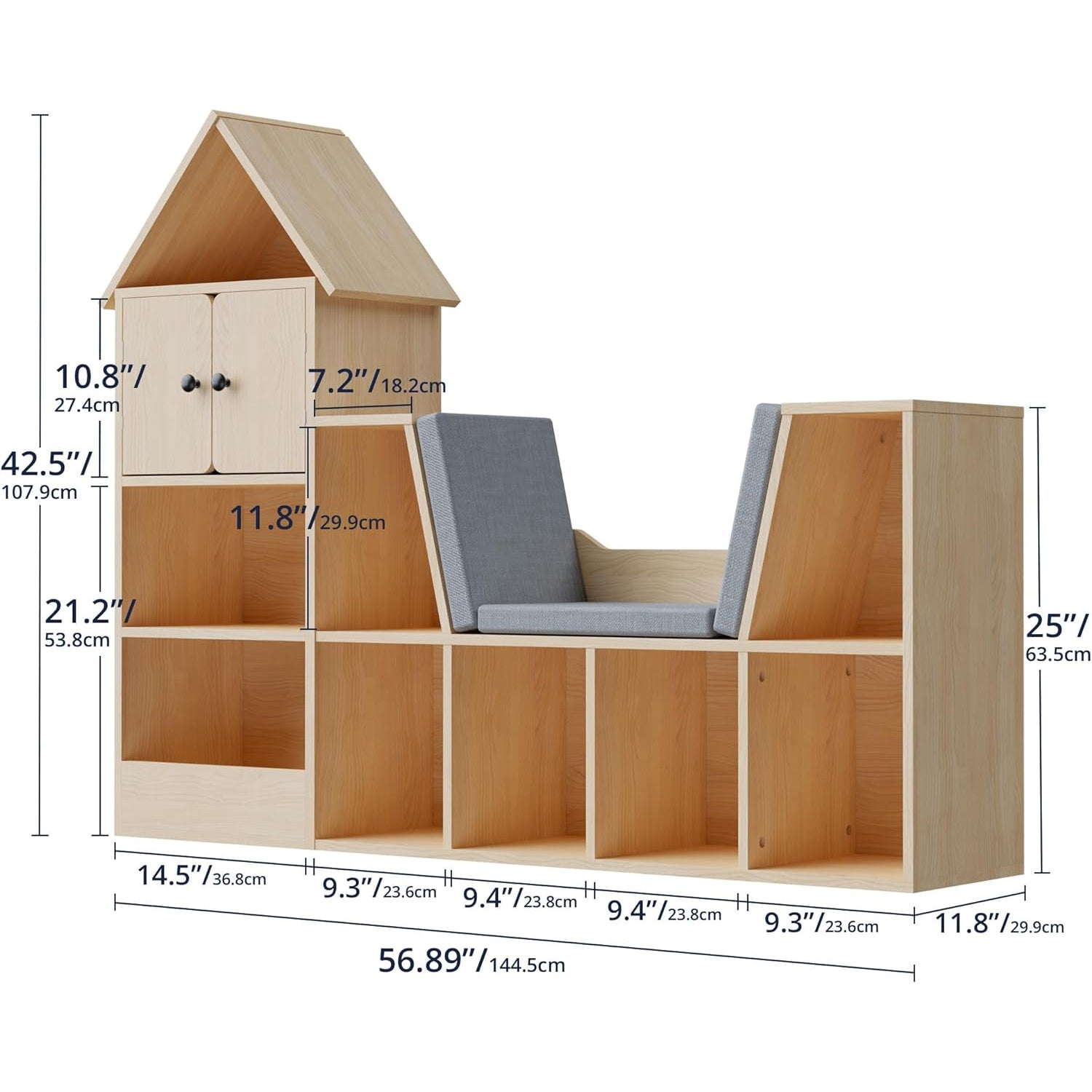 Wooden Kids Bookshelf Bookcase with Detachable Cushions, Reading Nook for Ages 3+