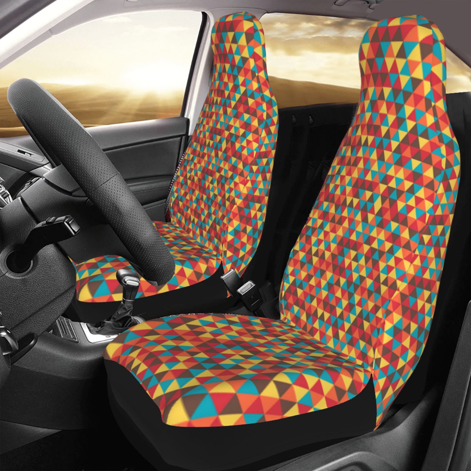 TEQUAN Front Seat Covers， Retro Triangles Mesh Pattern 2 Piece Car Seat Cover Fit Most Car SUV Truck Van