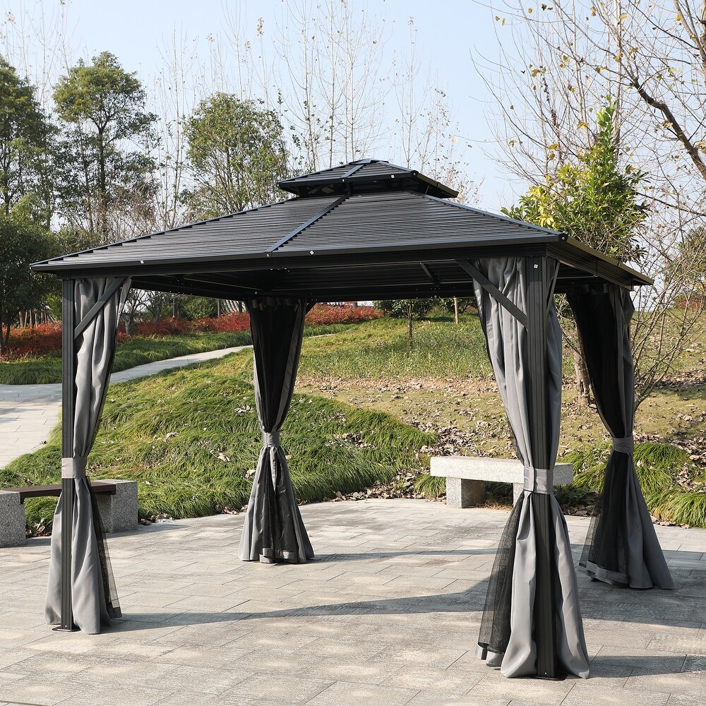 Outsunny 10'x 10' 2 Tier Roof Steel Hardtop Aluminum Permanent Gazebo with a Mesh Net and Privacy Sidewalls