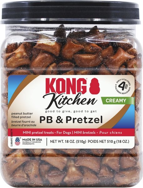 KONG Kitchen Natural Peanut Butter and Pretzel Crunchy Dog Treats， 18-oz tub