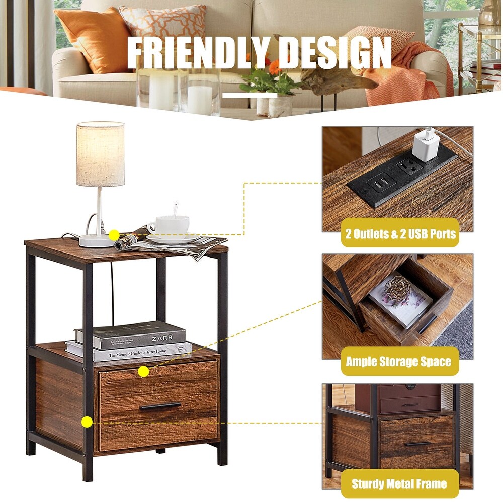 Industrial 3 Piece Vintage Brown Bed Frame and Charging Station USB Port Nightstands Set of 2