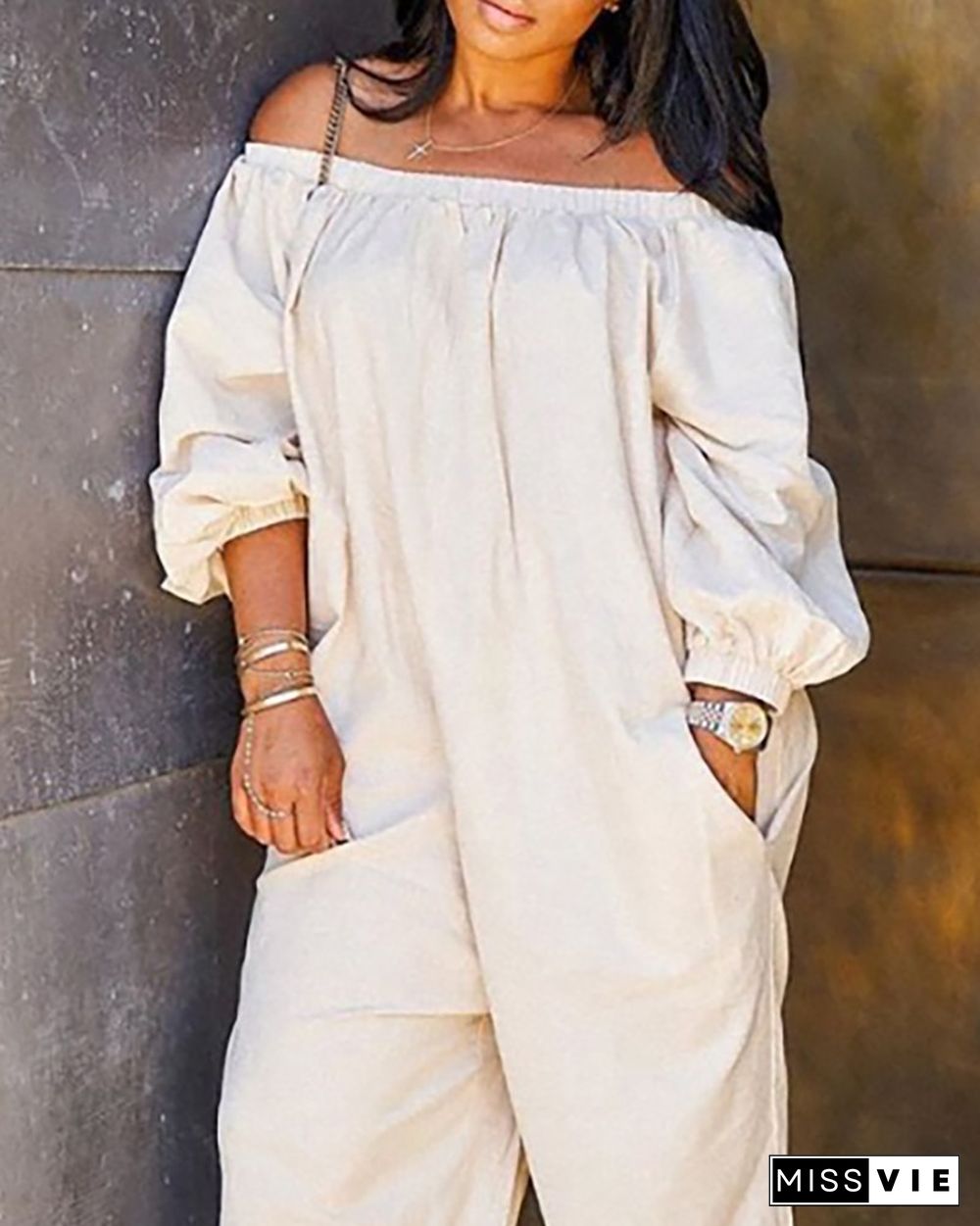 Off Shoulder Solid Lantern Sleeve Jumpsuit