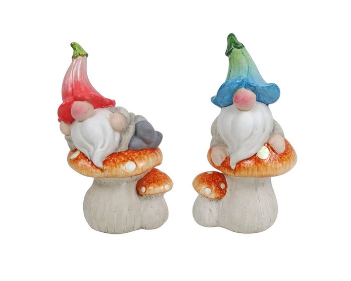 Alpine Assorted Ceramic Gnome on Mushroom Statue - QWR1302ABB