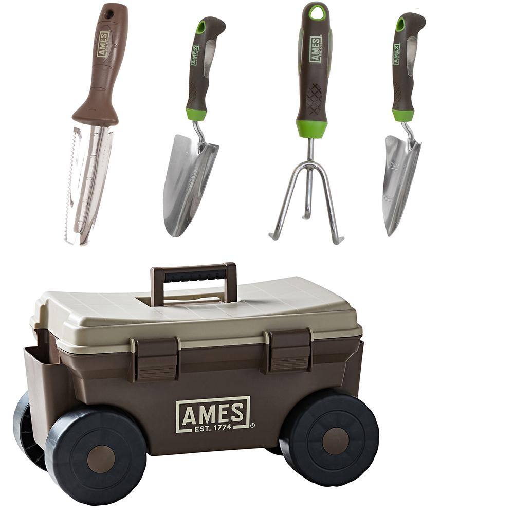 Ames 5-Piece Digging Transferring and Cultivating Garden Tool Set with Rolling Cart 10000-03450