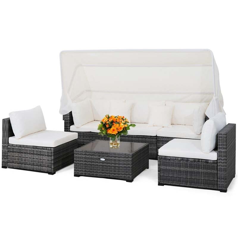 Canada Only - 6 Pcs Rattan Patio Sectional Furniture Set with Retractable Canopy